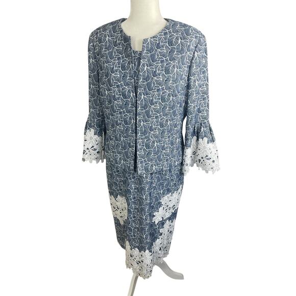 Alberto Makali Lace Trim Midi Dress Set Blue White Mother of The Bride Size 12/L - Picture 2 of 16